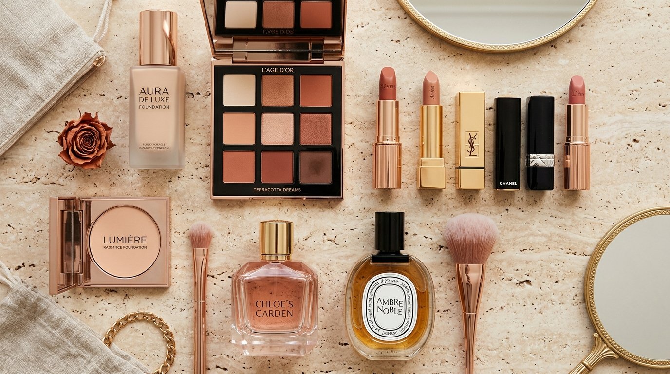 Beauty product flatlay with cosmetics